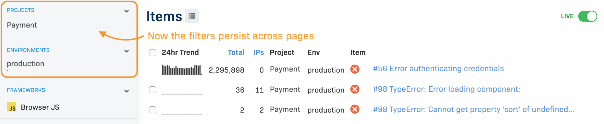 Items page with persistent filters