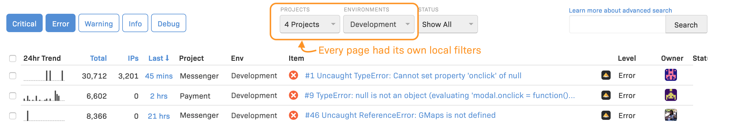 Items page with different selected filters